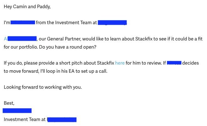 Screenshot of a poorly written VC cold email